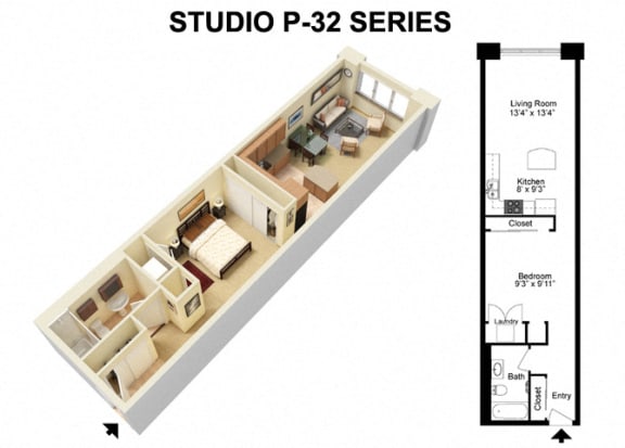 Floor Plan  Studio p32 floor plan with 3D layout at The Residences at 668 Apartments, Cleveland