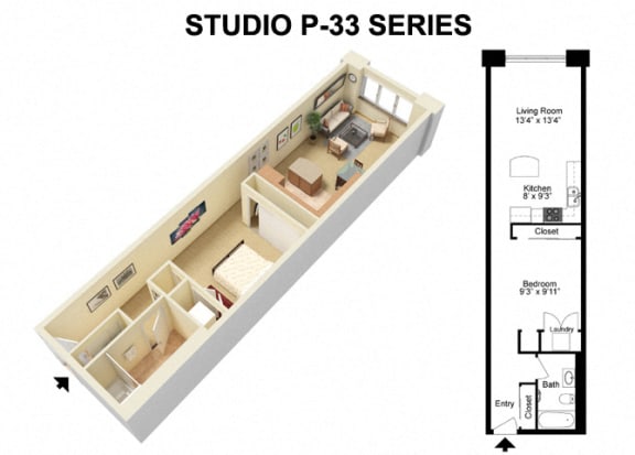 Studio apartment 3D floorplan with separate sleeping area at The Residences at 668 Apartments, Cleveland, Ohio