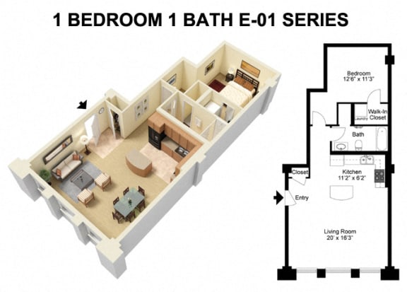 1 Bed 1 Bath - Euclid Avenue Floor Plan at The Residences at 668, Cleveland, 44114