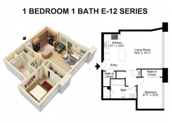 1 Bed 1 Bath - Euclid Avenue Floor Plan A at The Residences at 668 Apartments, Cleveland, Ohio