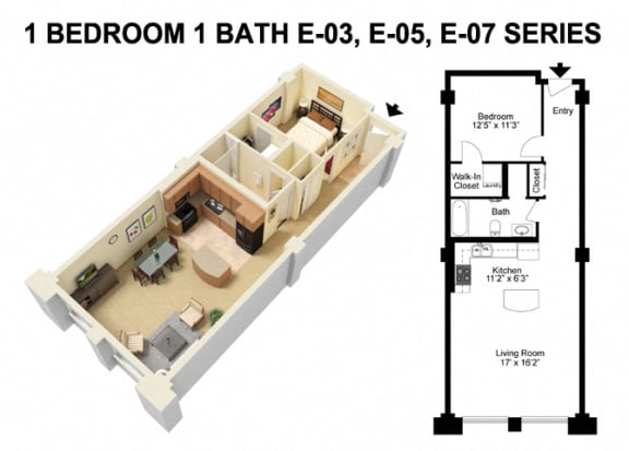 1 Bed 1 Bath - Euclid Avenue Floor Plan Dat The Residences at 668 Apartments, Ohio, 44114
