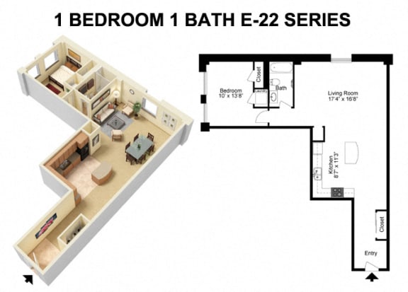 1 Bed 1 Bath - Euclid Avenue Floor Plan E at The Residences at 668 Apartments, Cleveland, OH, 44114
