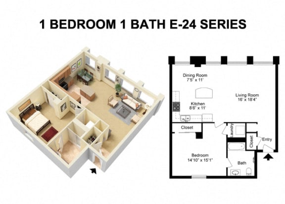 1 Bed 1 Bath - Euclid Avenue Floor Plan F at The Residences at 668 Apartments, Cleveland, OH