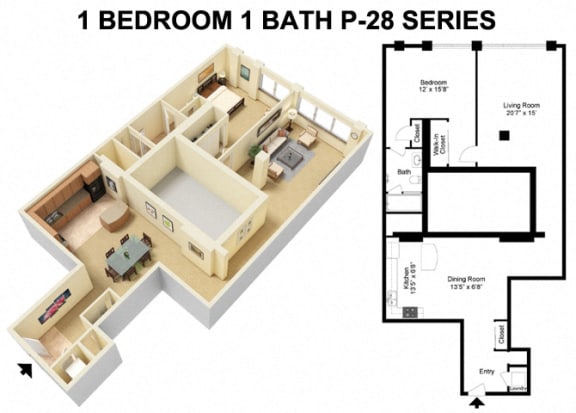 Floor Plan  1 Bed 1 Bath - Prospect Avenue Floor Plan J at The Residences at 668 Apartments, Ohio