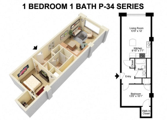 1 Bed 1 Bath - Prospect Avenue Floor Plan L at The Residences at 668 Apartments, Cleveland, OH, 44114