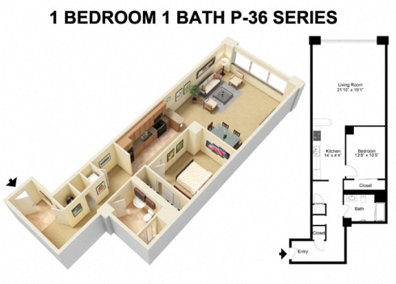 1 Bed 1 Bath - Prospect Avenue Floor Plan M at The Residences at 668 Apartments, Cleveland, OH