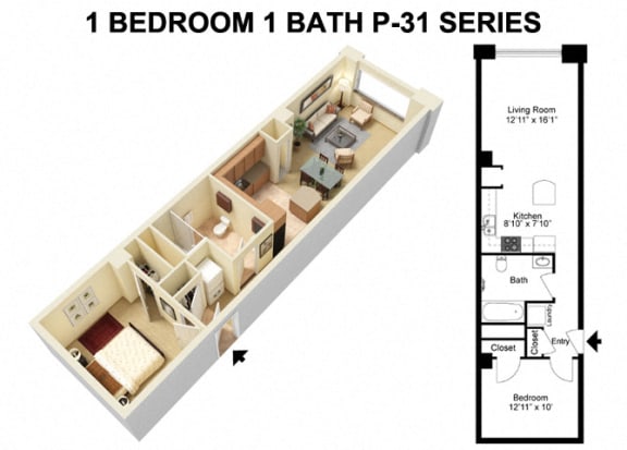 1 Bed 1 Bath - Prospect Avenue Floor Plan I at The Residences at 668 Apartments, Cleveland, 44114