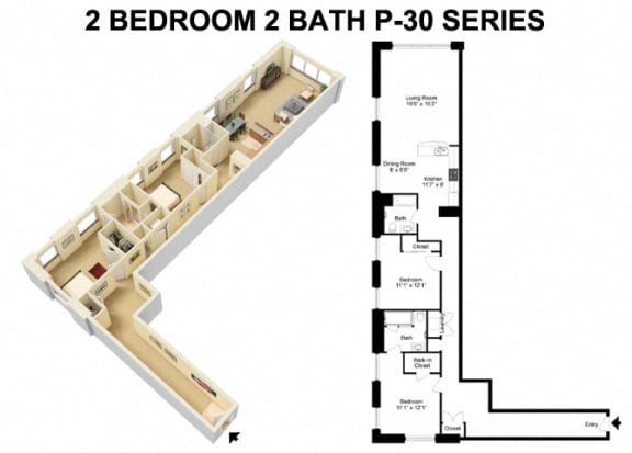 2 Bed 2 Bath - Prospect Avenue Floor Plan E at The Residences at 668 Apartments, Cleveland, OH