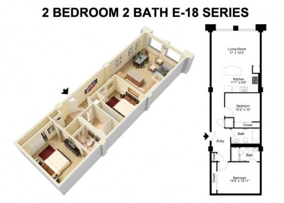 2 Bed 2 Bath - Euclid Avenue Floor Plan K at The Residences at 668 Apartments, Cleveland, OH, 44114