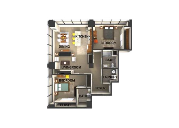 Suite Style H Two Bed  Two Bath FloorPlan at Residences At 1717, Cleveland, OH