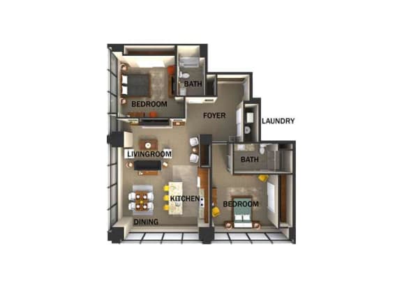Suite Style J Two Bed  Two Bath FloorPlan at Residences At 1717, Cleveland, 44114