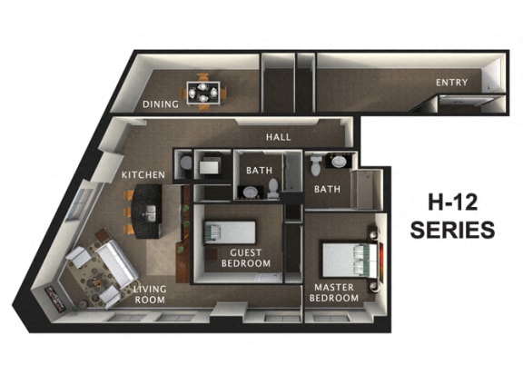 2 bedroom 2 bathroom Floor Plan at The Residences At Hanna Apartments, Cleveland, 44115