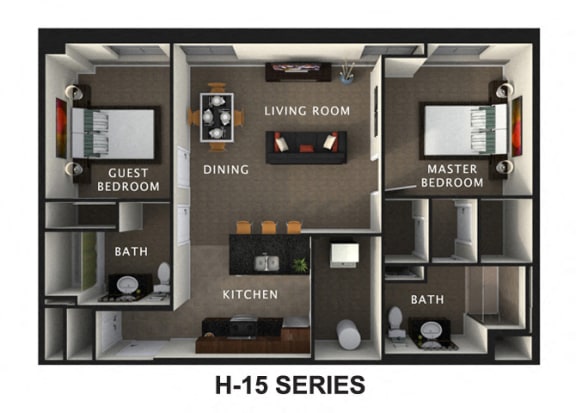 Spacious 2 Bed 2 Bath Floor Plan at The Residences At Hanna Apartments, Cleveland, Ohio