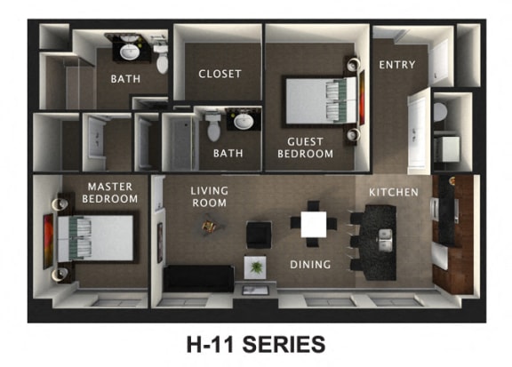 Large 2 Bed, 2 Bath Floor Plan at The Residences At Hanna Apartments, Cleveland