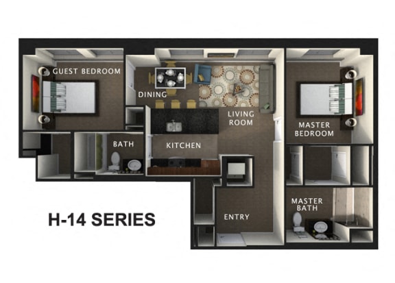 2 Bed, 2 Bath Floor Plan at The Residences At Hanna Apartments, Ohio