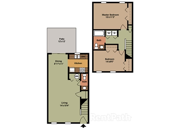 Two Bedroom Town Floor Plan at Walnut Creek Apartments, Kokomo, IN, 46902