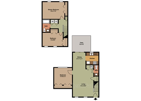 Three Bedroom Town Floor Plan at Walnut Creek Apartments, Kokomo, Indiana