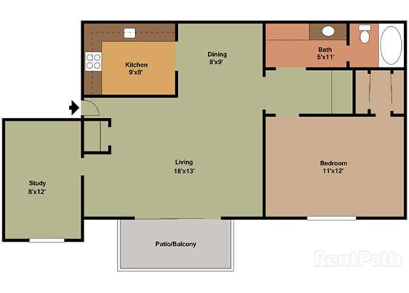 1 Bedroom, 1 Bath Plus Den Floor Plan at Waterstone Place Apartments, Indianapolis