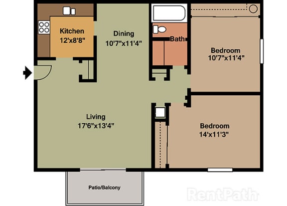 2 Bedroom 1 Bath Floor Plan at Waterstone Place Apartments, Indiana