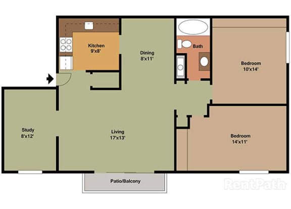2 Bedroom 1 Bath Plus Den Floor Plan at Waterstone Place Apartments, Indianapolis, IN, 46229