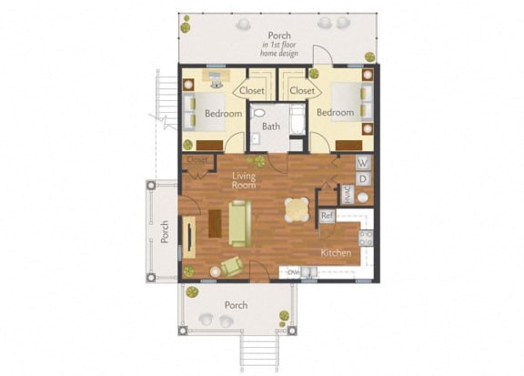 2 Bedroom 1 Bath-2D Floorplan-Marrero Commons Apartments, New Orleans, LA