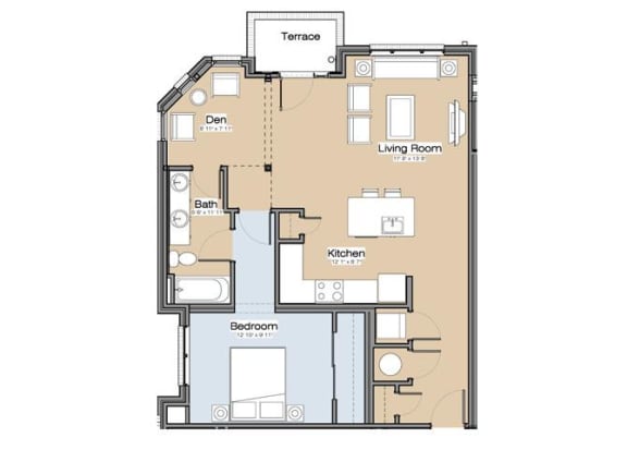 Floor Plan F1 One Bedroom / One Bath w/Den. 139 Main Apartments. Rock Hill, SC.