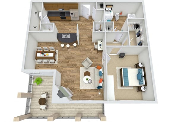 A3 1 Bedroom 1 Bath 3D Floor Plan at Rose Heights Apartments, North Carolina, 27613