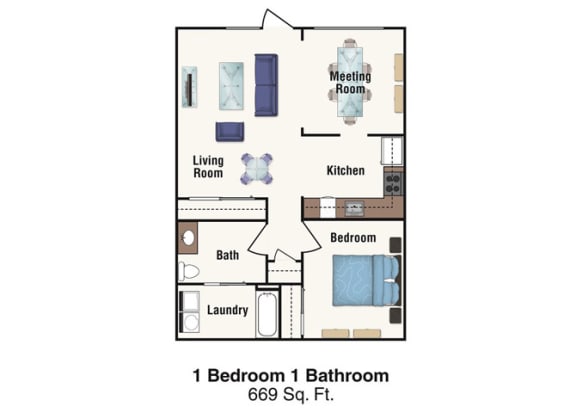 Floor Plan  1 Bedroom 1 Bath 669 square feet-Live/Work Unit- 2D Floorplan-Legacy Pointe at Poindexter Columbus, OH