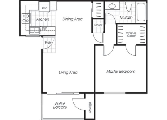 Floor Plan  One bedroom one bathroom A1 floor plan at Belmont Apartment Homes in Pittsburg, CA