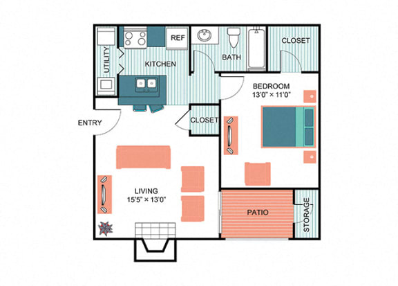 1 Bed 1 Bath Floor Plan at  Wildwood Apartments, CLEAR Property Management, Austin, Texas