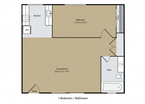 1 Bedroom 1 Bath Floor Plan at Casa Del Rio Apartments, Fresno, CA