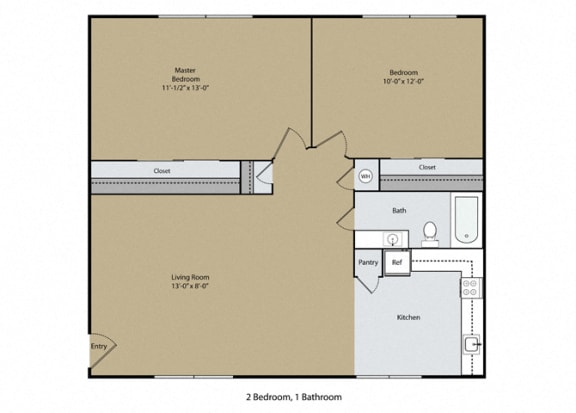 2 Bedroom 1 Bath Floor Plan at Casa Del Rio Apartments, California, 93710