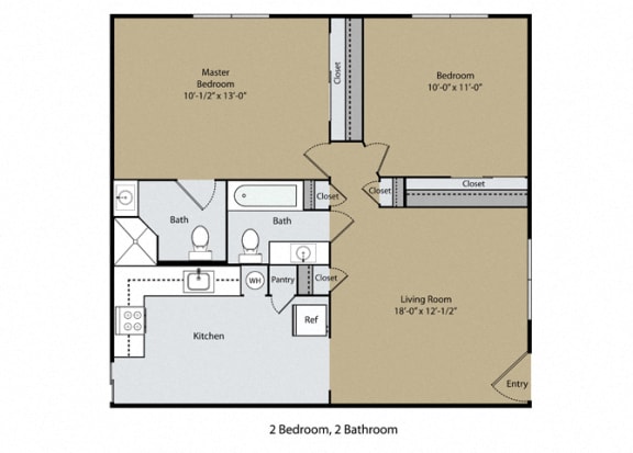2 Bedroom 2 Bath Floor Plan at Casa Del Rio Apartments, Fresno, CA, 93710