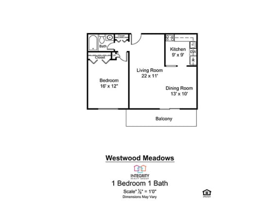 1bed 1bath 850 Sq.Ft. Floor Plan at Westwood Meadows - SP Westlake 27825 Detroit Apartments, Integrity Realty LLC, Westlake