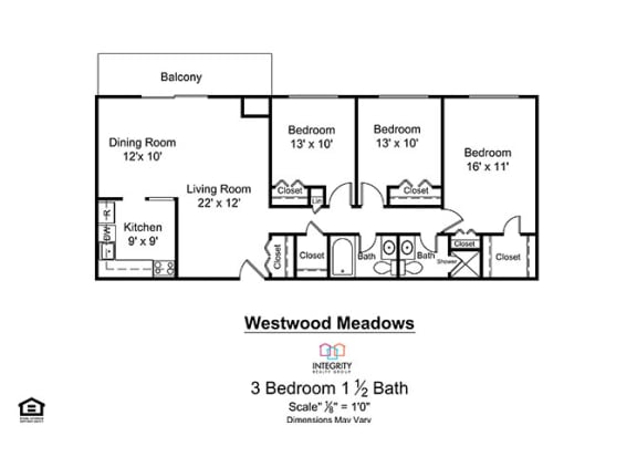 Floor Plan  3 Bedroom 2 Bath 1,280 Sq.Ft. Floor Plan at Westwood Meadows in Westlake, 27825 Detroit Road, 44145, Ohio