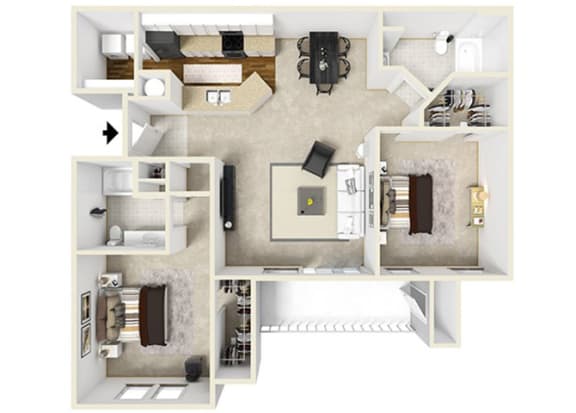 Swift Creek Commons B1 3D floor plan 2 bedroom