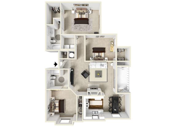 Swift Creek Commons C1 3D floor plan 3 bedroom