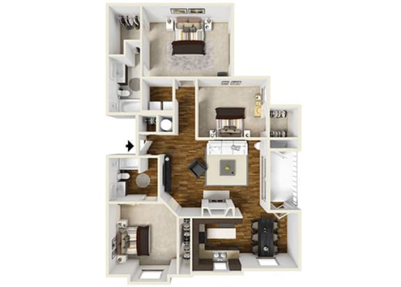 Swift Creek Commons C1 3D floor plan 3 bedroom