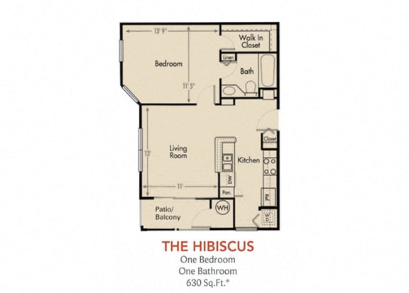 Hibiscus Floorplan 1 Bedroom 1 Bath at Arbors Harbor Town, Memphis, Tennessee