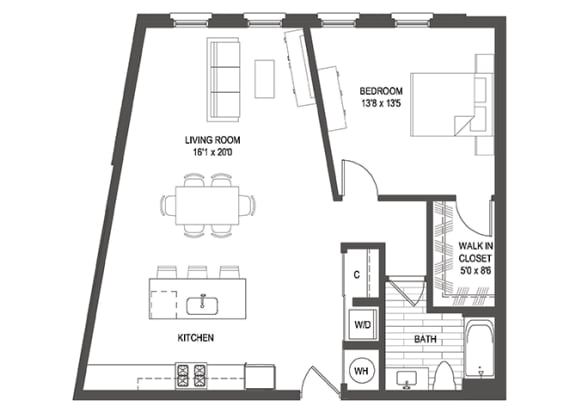 1 bed 1 bath floor plan H at Iron Works Sono, Connecticut, 06854
