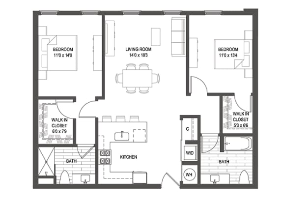 2 bed 2 bath floor plan I at Iron Works Sono, Norwalk
