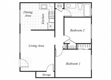 Floor Plan  Two bedroom one bathroom B1 floorplan at Trestles Apartments in San Jose, CA