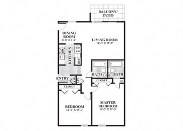 Floor Plan  Two bedroom two bathroom Thayer A floorplan at University Heights Apartments in Providence, RI
