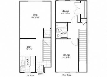 Floor Plan  B1TH at Whispering Oaks apartment homes in Portsmouth VA