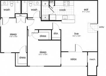 Floor Plan  B2 Floorplan for Whispering Oaks Apartment homes in Portsmouth, VA