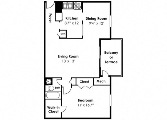 1 Bedroom 1 Bath Floor Plan at Padonia Village Apartments, Timonium, 21093