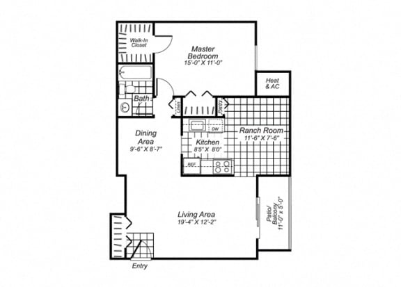 Floor Plan  One bedroom one bathroom A1 Floorplan at Oakfield Apartment Homes in Wheaton, MD