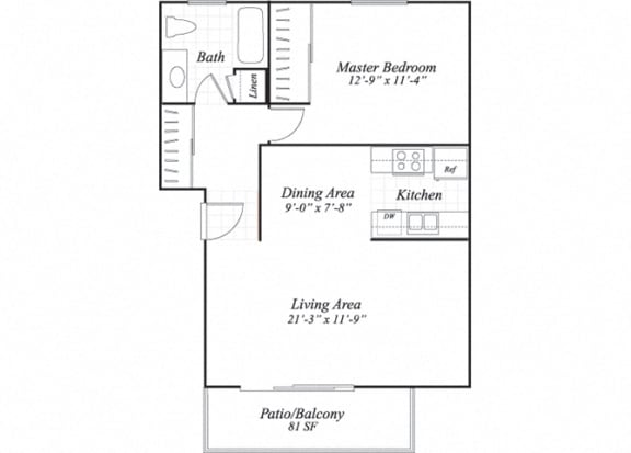Floor Plan  One bedroom one bathroom A1 floorplan at Wyndover Apartment Homes in Novato, CA