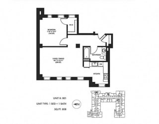 1 Bed 1 Bath 808 sqft Floor Plan at Somerset Place Apartments, Chicago, IL, 60640