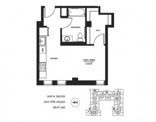 Studio 462 sqft Floor plan at Somerset Place Apartments, Chicago, IL